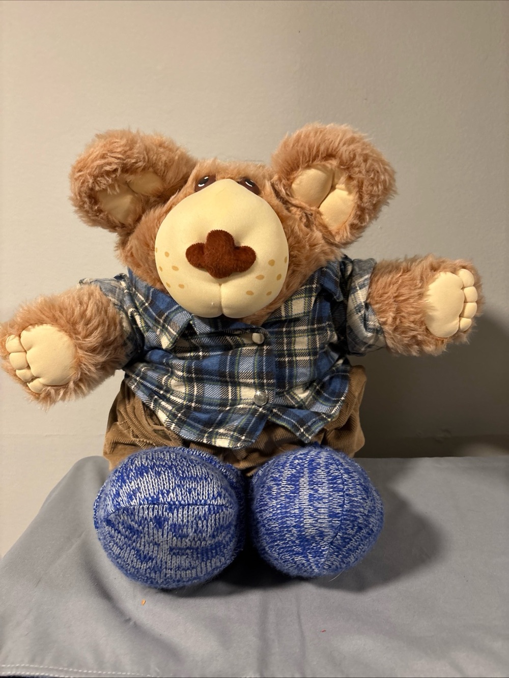 Brown Plush Bear Accent with Blue Plaid Shirt